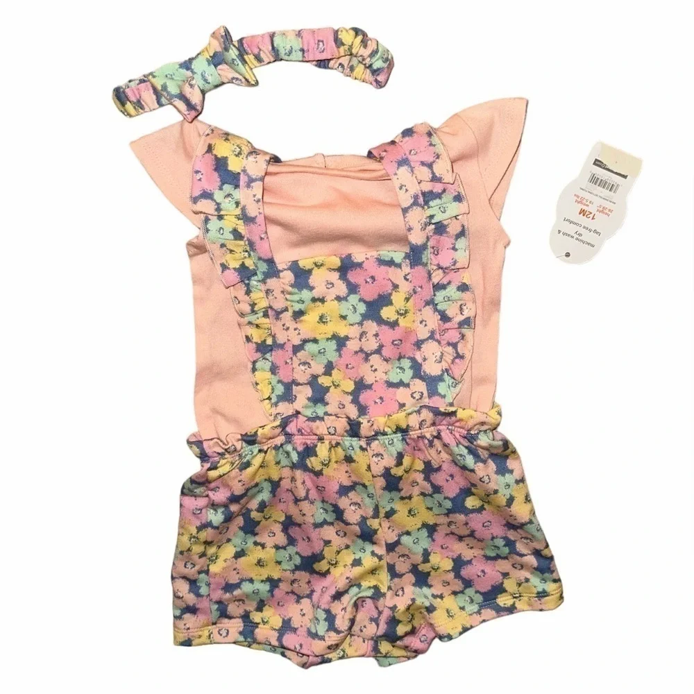 Wonder Nation Girls 12 Months Floral Jumpsuit With Bow Set New With Tags